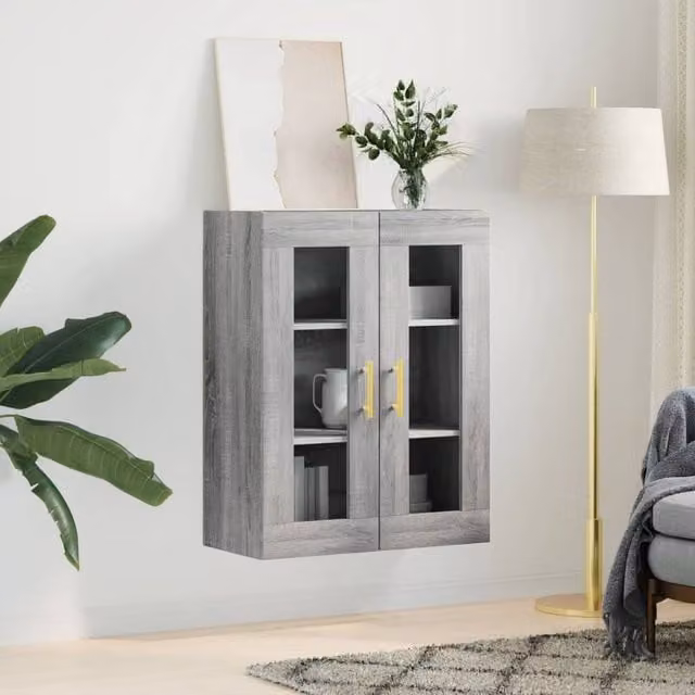Berkfield Home Wall Mounted Cabinet in Grey with Glass Doors, W: 69.5 cm, D: 34 cm, H: 90 cm