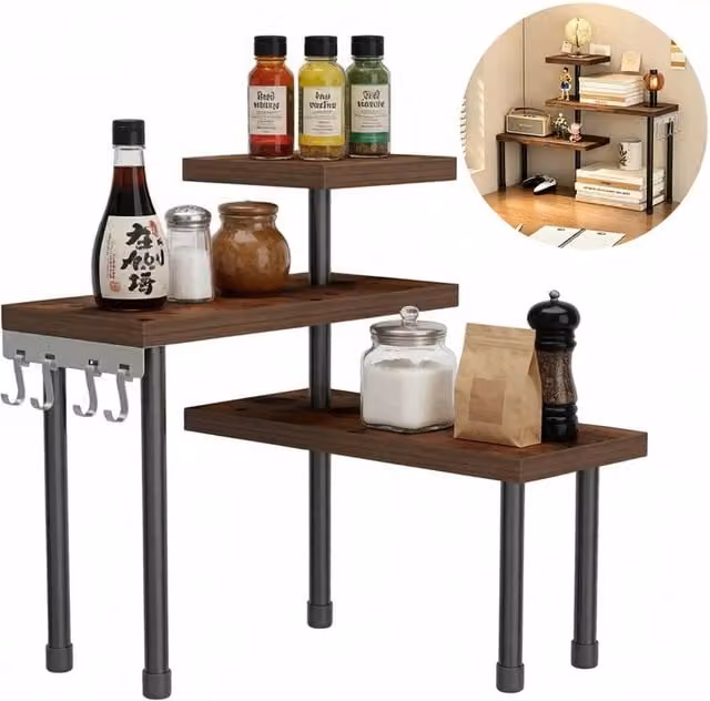 KORVIXA 3-Tier Industrial Corner Countertop Organizer in Brown – 1