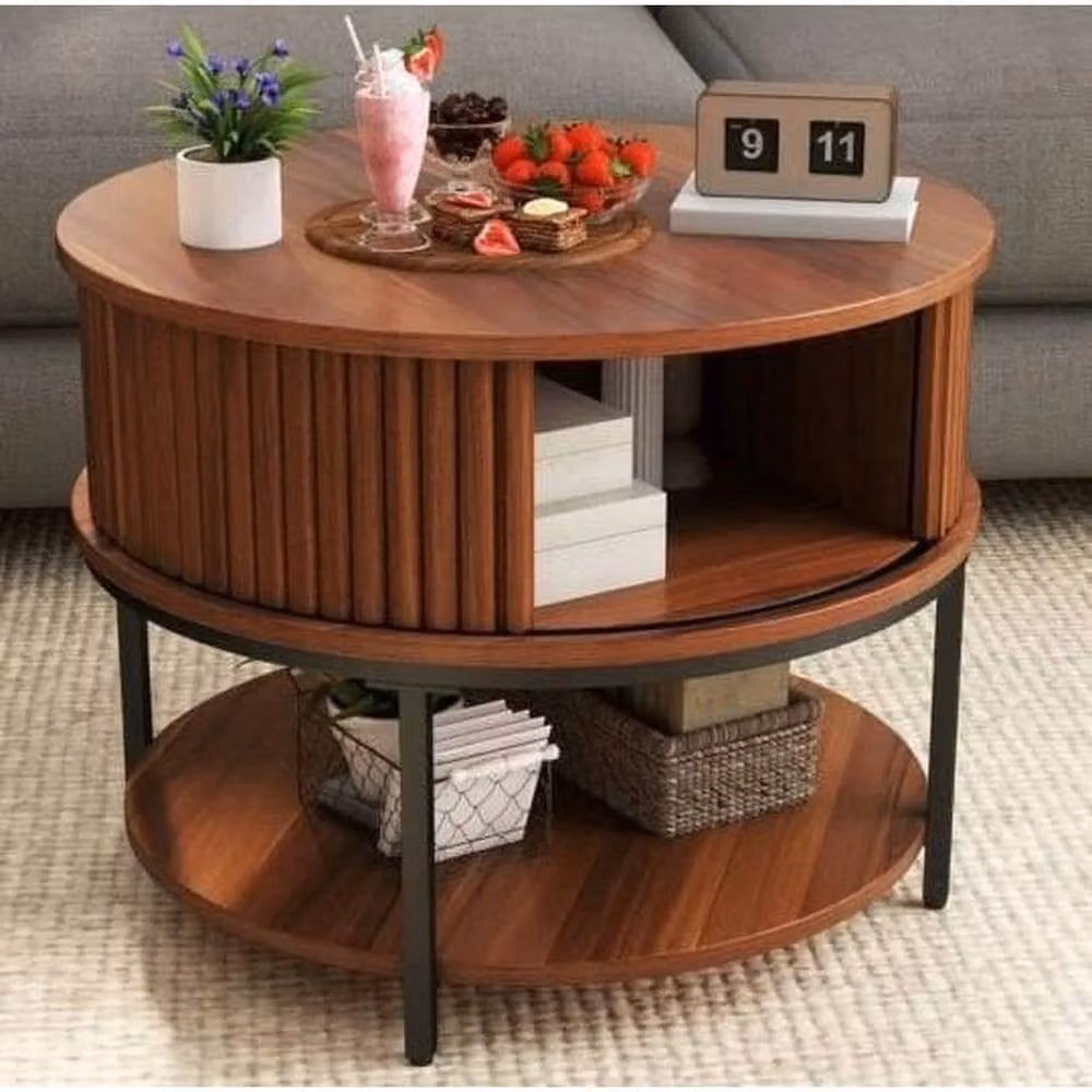 KORVIXA 2-Tier Round Wood Coffee Table in Brown, Diameter: 100 cm – 3
