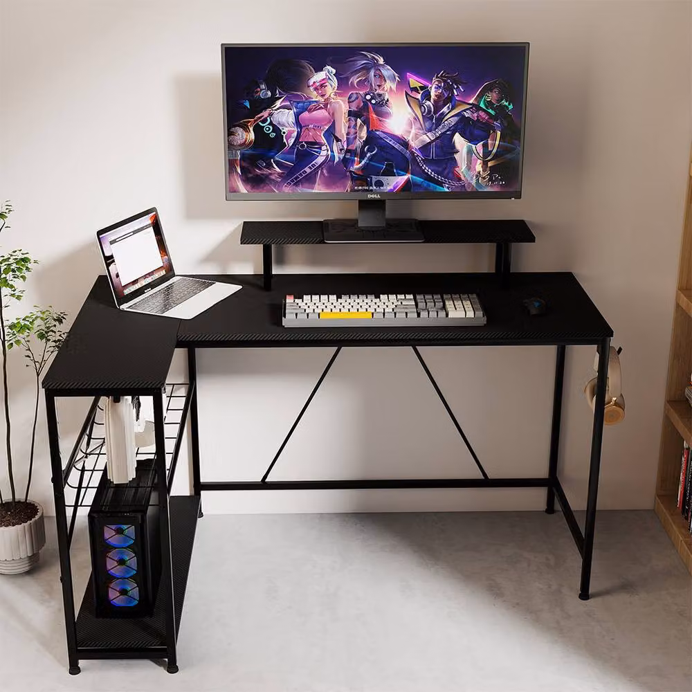Levede L-Shaped Gaming Desk with RGB LED Lights and UK Power Outlets, Black – 6
