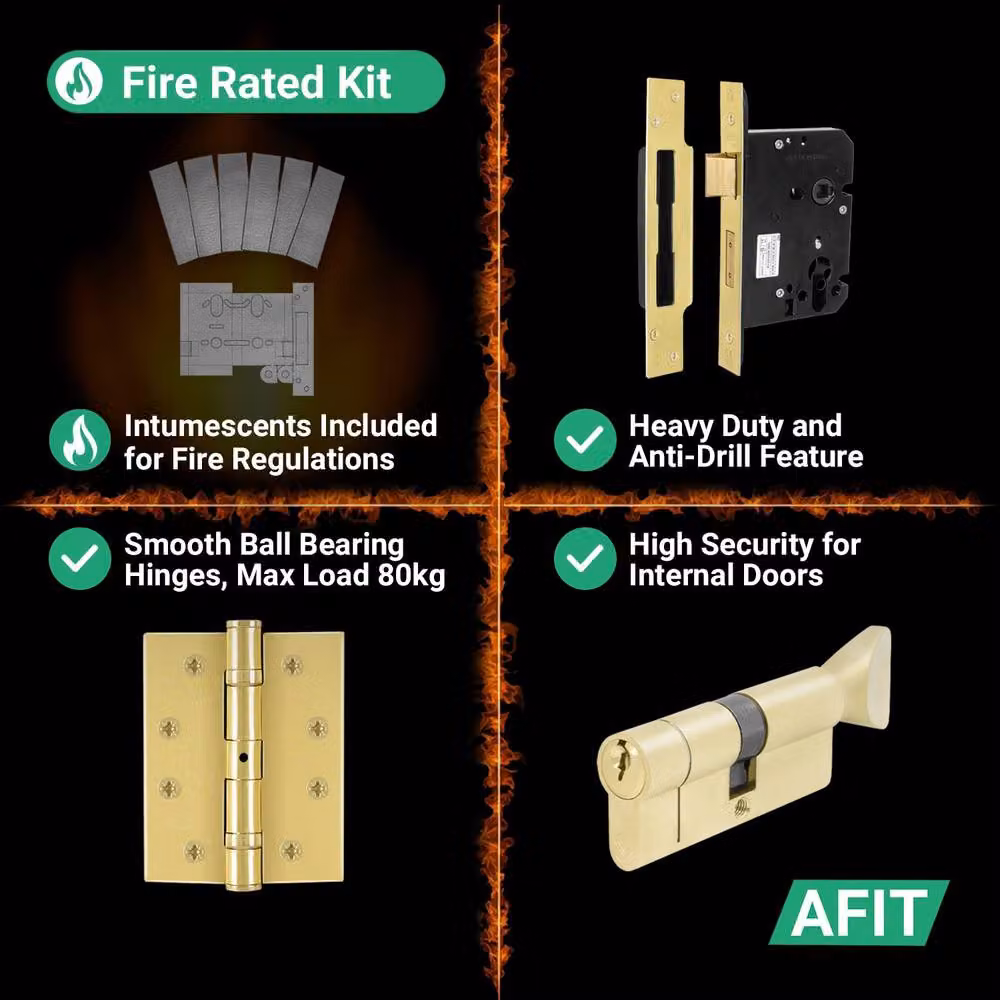 AFIT Novi Satin Brass Fire Door Handle with Euro Lock Thumbturn Cylinder in Gold, W/D/H: 15 x 15 x 1.5 cm – 3