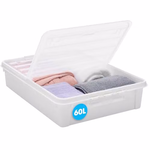 SmartStore Large Plastic Under Bed Storage Box with Lid and Wheels, 60L, Transparent, L79 x W59 x H18.5 cm – 1