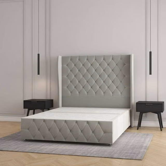Regional Furnishings Super King Plush Velvet Divan Bed with 54 inch Headboard and Footboard in Silver, W/D/H: 200 x 150 x 120 cm