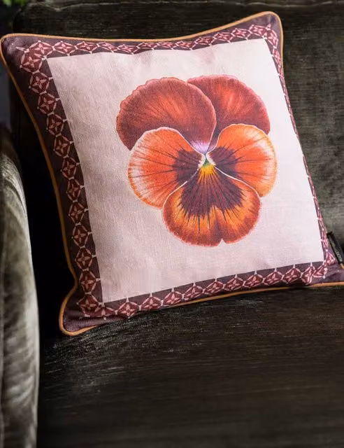 Rockett St George Pansy Muse Floral Piped Cushion in Pink Mix, Pure Cotton