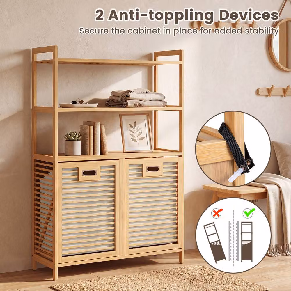 Gymax Bamboo Double Tilt Out Laundry Hamper with 3 Shelves in Beige – 4