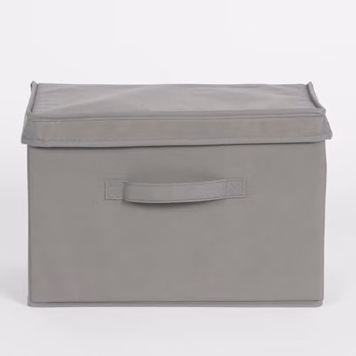 OHS Grey Fabric Storage Box with Lid, Foldable Wardrobe Organiser with Handles, W/D/H: 42 x 32 x 60 cm