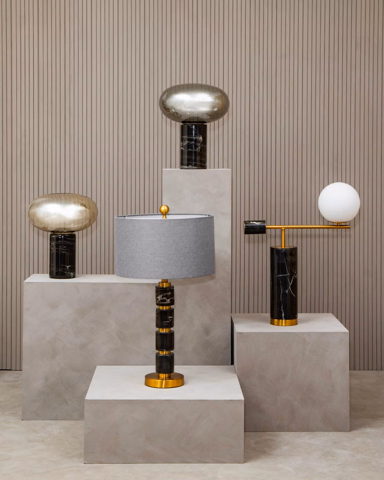 Fifty Five South Marmo Grey Fabric Shade Table Lamp with Gold Metal and Marble Accents, H 72 cm x W 40 cm x D 40 cm – 2