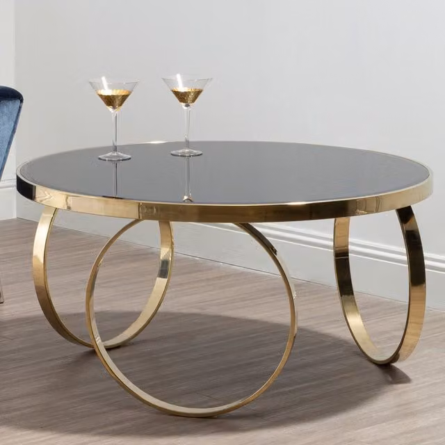 Orsina Modern Round Glass and Metal Coffee Table in Gold and Black, W/D/H: 100 x 100 x 50 cm – 2
