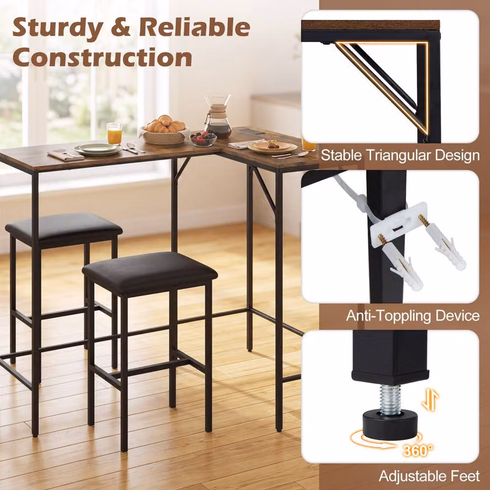Gymax 3-Piece L-Shaped Bar Table and Chair Set in Brown – 7