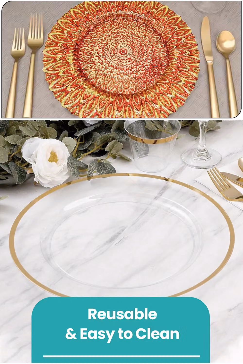 Neel Blue Set of 12 Clear Glass Charger Plates with White Diamante and Pearl Flower Design, Diameter: 33 cm