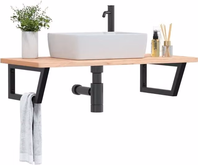 Berkfield Home Wall Mounted Basin Shelf in Brown Steel and Solid Beech Wood
