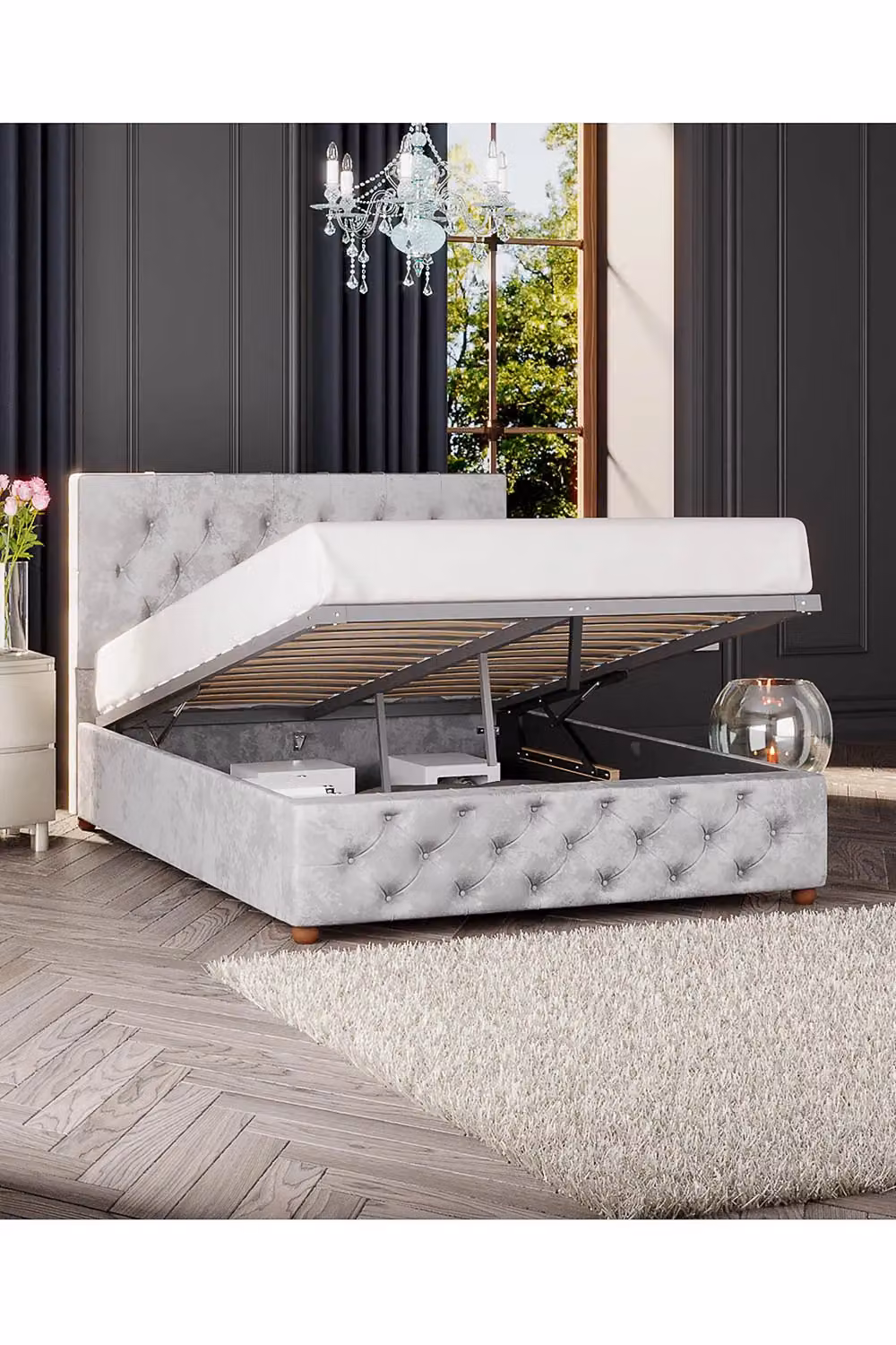 Laurence Llewelyn-Bowen Luna Ottoman Storage Bed in Silver Mirazzi Velvet Fabric, Double – 2