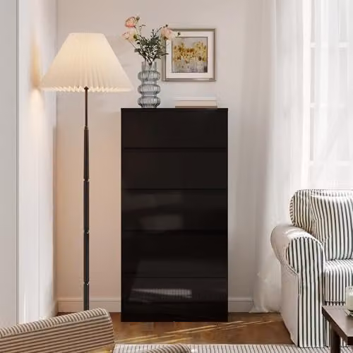 HOMCOM 5-Drawer Glossy Black Chest of Drawers with Soft-Close Drawers – 8