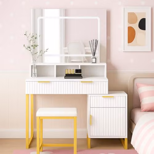 KOSY KOALA Modern Dressing Table Set with LED Mirror, Storage Cabinet and Stool in White and Gold, W/D/H: 100 x 40 x 140 cm – 1
