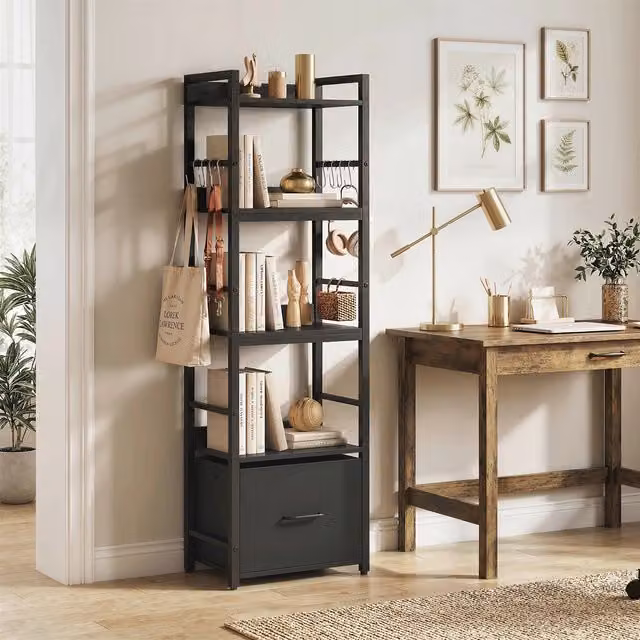 HOMCOM 4-Tier Modern Black Bookshelf with Drawer and 8 Hooks