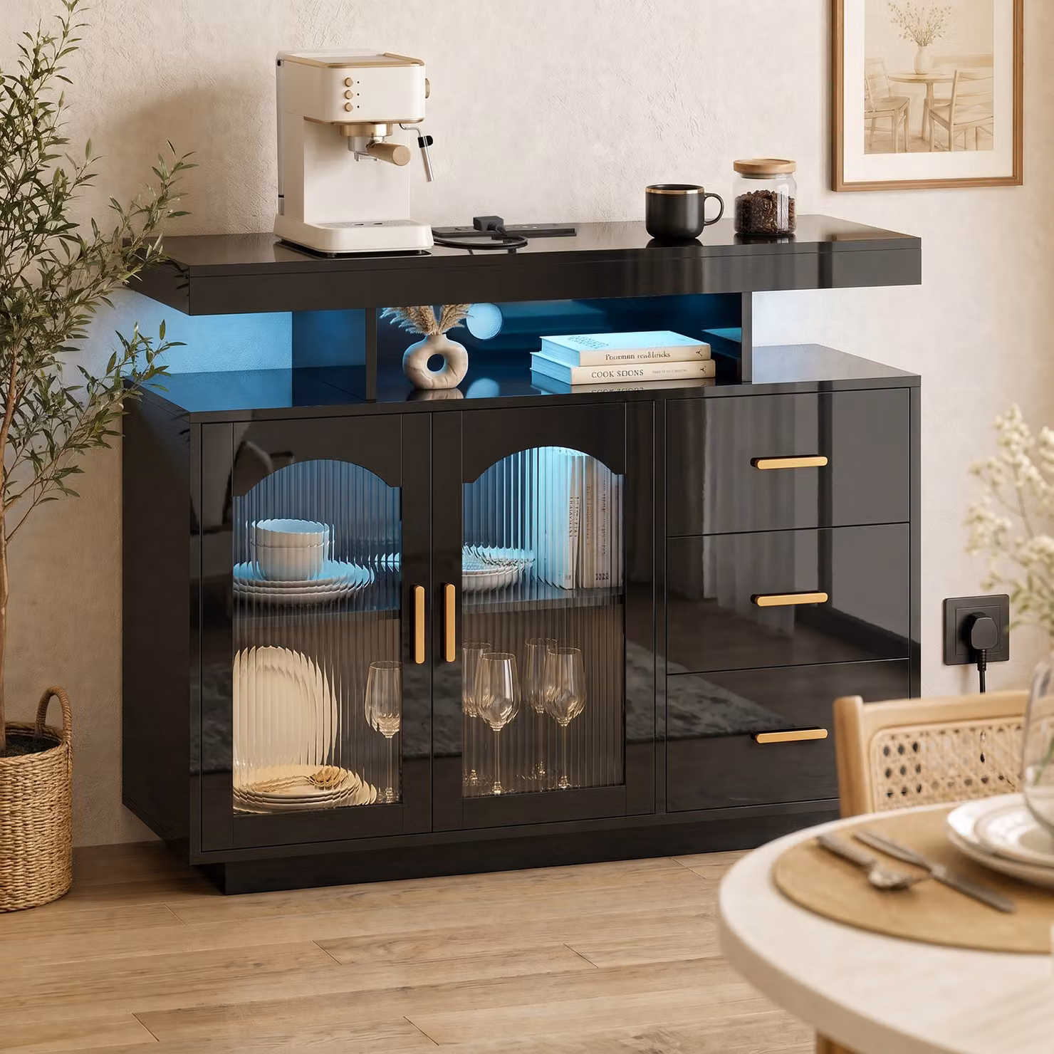 HOMCOM Modern High Gloss Black Sideboard with Integrated LED Lighting, Built-in Power Outlets, 3 Drawers, Shelves and 2 Acrylic Doors – 2