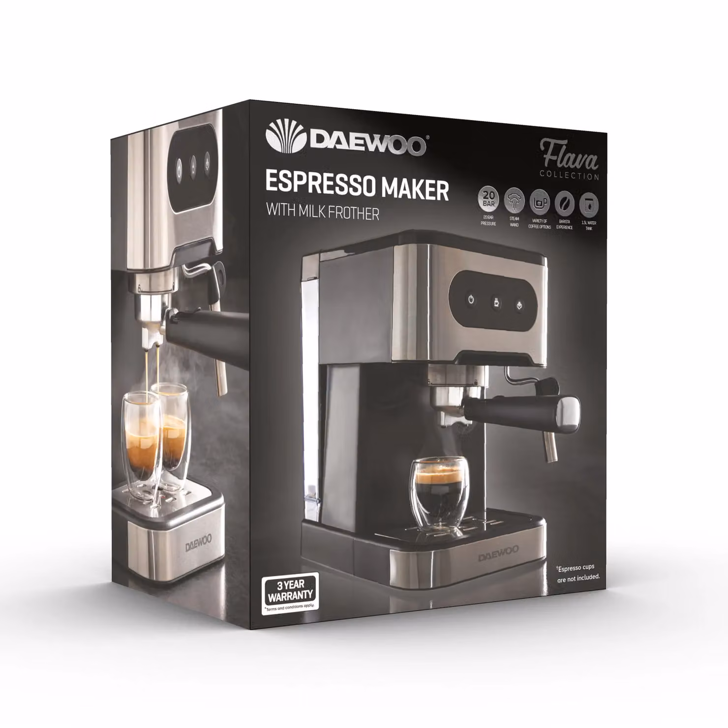 Daewoo Flava 20 Bar Dual Cup Espresso Coffee Machine with Milk Frother and Steam Wand, Silver, 1.5 l – 8