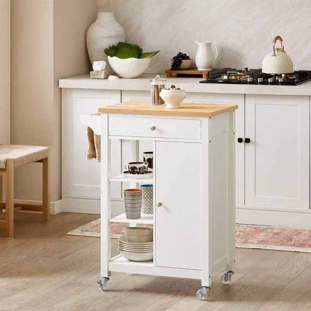 SoBuy Modern Kitchen Trolley with Wood Top in White – 1