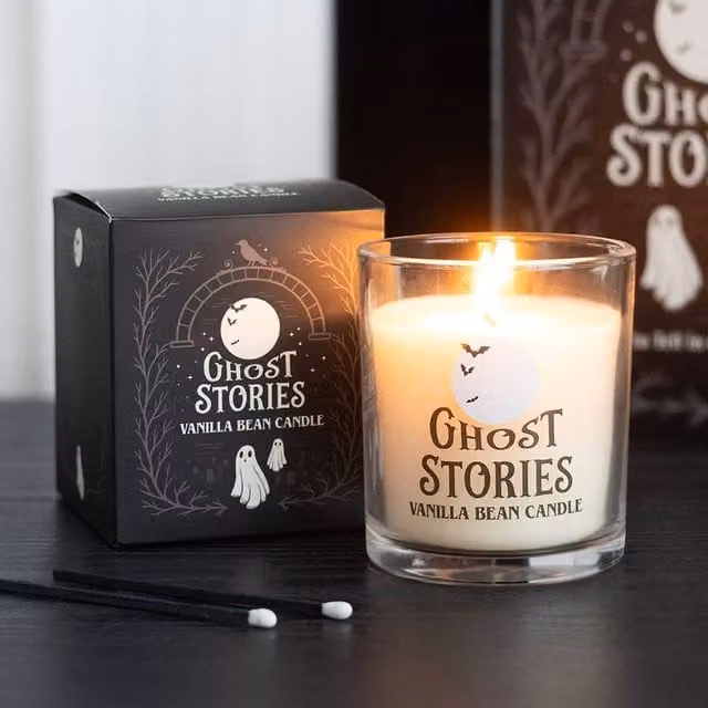 Uniqueful Ghost Stories Vanilla Bean Scented Candle in a Transparent Glass Jar