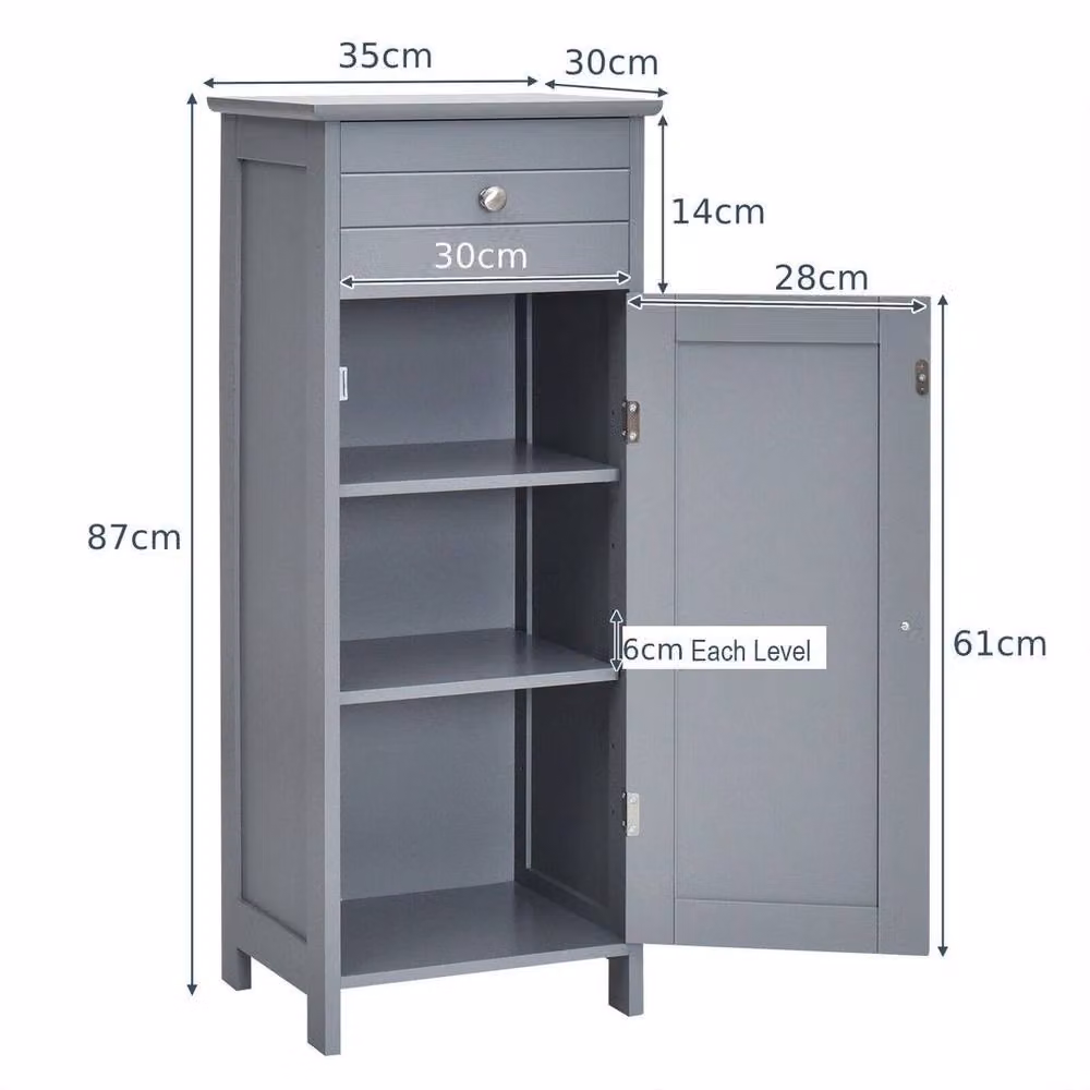 Kelvenix Grey Wooden Bathroom Floor Standing Storage Cabinet with Hinged Doors and Internal Shelves and Drawers – 2