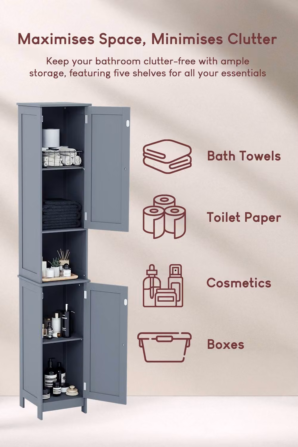 HD Designs Priano 2 Door Tall Bathroom Cabinet in Dark Grey, H 170 cm x W 32 cm x D 30 cm – 2