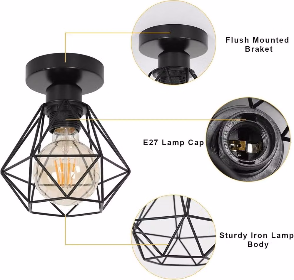 Pheashine Black Metal Wire Cage Industrial Ceiling Light with E27 Socket, W/D/H: 16 x 18 x 10 cm – 3