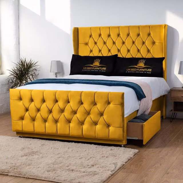 UK Bed Furniture Balamore Wingback Divan Bed with 54 Inch Headboard and 2 Drawers in Mustard Yellow, Small Double, W/D/H: 120 x 200 cm