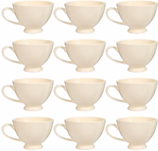 Dibor Montmartre Set of 12 Large White and Beige Ceramic Tea Cups and Coffee Mugs