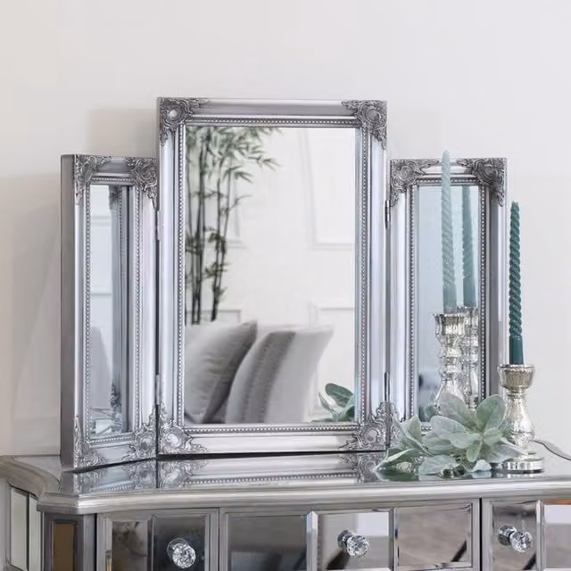 Melody Maison Ornate Vintage Silver Triple Dressing Table Mirror, W: 55 cm, H: 74 cm – 1