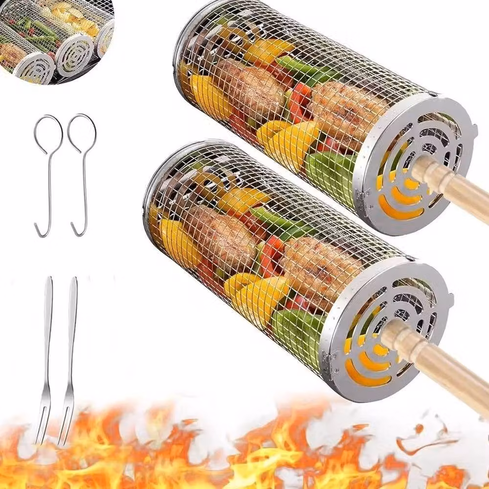 SPETLEK 2 x Stainless Steel Rolling Grilling Baskets for Outdoor Charcoal Grills in Silver, W: 100 cm, D: 15 cm, H: 31 cm – 3