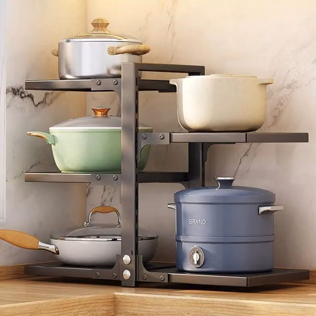 PAWNORA Freestanding Metal Saucepan Pot Rack with Left 3 Tier and Right 2 Tier Shelving, Black