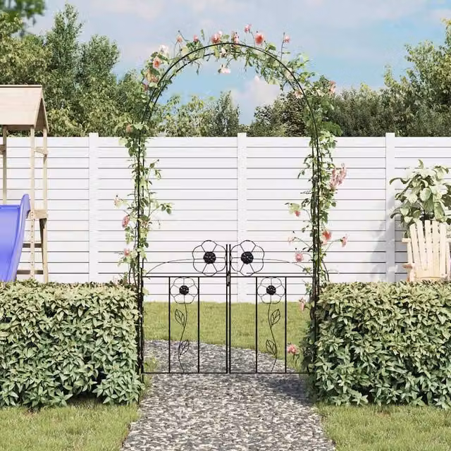 Berkfield Home Elegant Floral Metal Garden Arch Door in Black, H 230 cm x W 37 cm x D 37 cm
