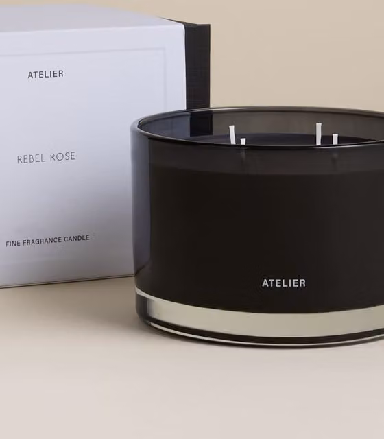 Atelier Rebel Rose 4 Wick Black Glass Tabletop Candle with Floral, Spicy and Gourmand Scents