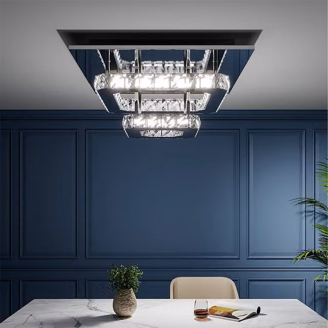 Livingandhome Square Crystal LED Semi Flush Ceiling Light in Silver and Chrome with Cool White Light