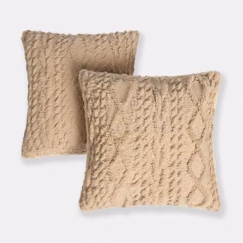OHS Set of 2 Cable Knit Square Cushion Covers, Beige, 45 x 45 cm