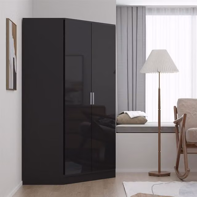 REFLECT 2 Door Corner Wardrobe in Black High Gloss and Black Oak Matt Finish