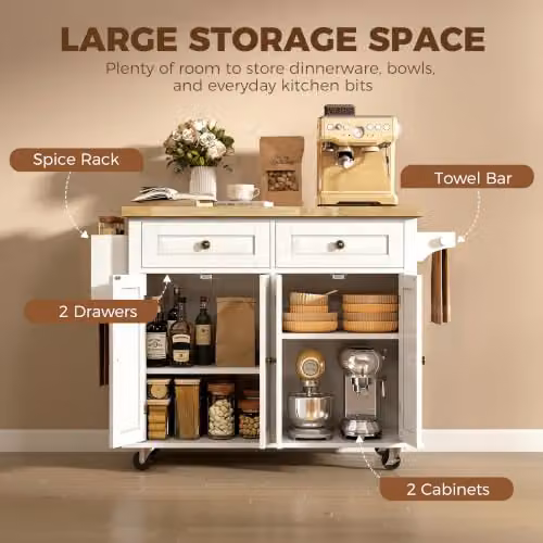 HOMCOM Rolling Kitchen Island Storage Trolley in White with Castors, W/D/H: 82.5 x 44.5 x 111 cm – 5