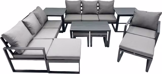 Fimous Aluminium Garden Furniture Set in Dark Grey with 3 Seat Sofa, Coffee Table, 4 Stools and 2 Side Tables