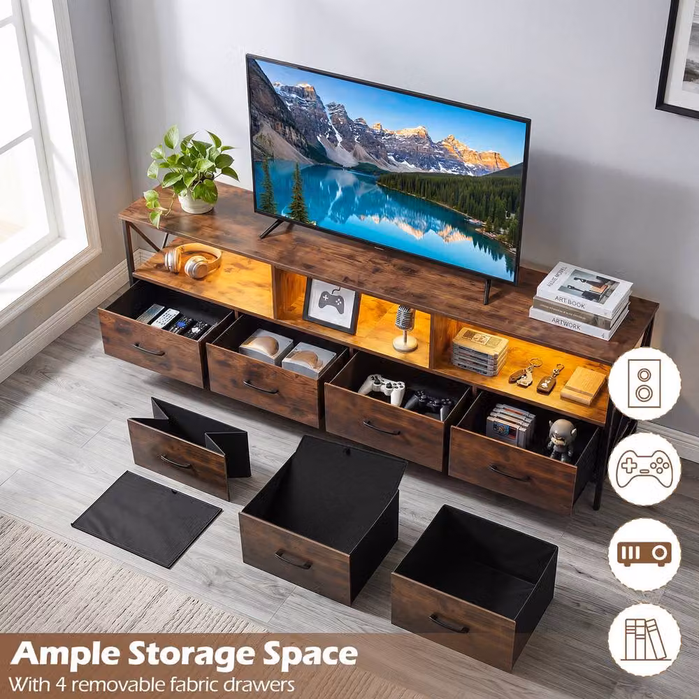 Gymax LED Entertainment Center for up to 80 inch TVs with 4 Drawers, Brown – 5
