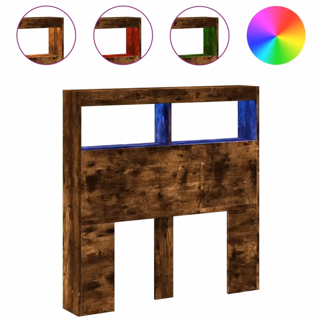 Berkfield Home Modern Headboard Cabinet in Smoked Oak Brown with Integrated LED Lighting, USB Charging Port and Bedside Shelf, W/D/H: 100 x 17 x 102 cm – 2