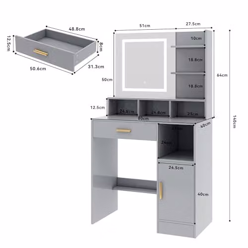 MCC Direct Truro Dressing Table with Hollywood LED Mirror and Storage in Grey, W/D/H: 140 x 40 x 80 cm – 2