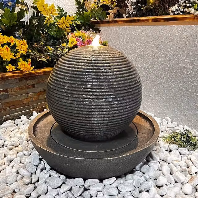 Tranquility Radiant Sphere Modern Solar Water Feature, Grey Stone Round Water Column