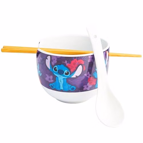 Get Trend Disney Stitch Ramen Bowl Set, Multicolour Ceramic Japanese Rice Noodles Bowl with Ceramic Spoon and Bamboo Chopsticks, 600ml