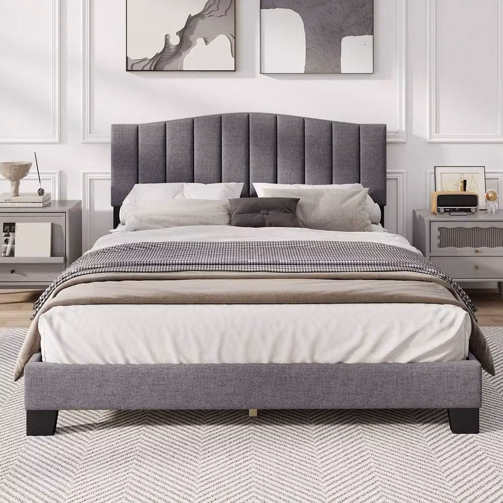 KORVIXA Modern Upholstered Double Platform Bed Frame in Grey, W/D/H: 140 x 200 cm – 3