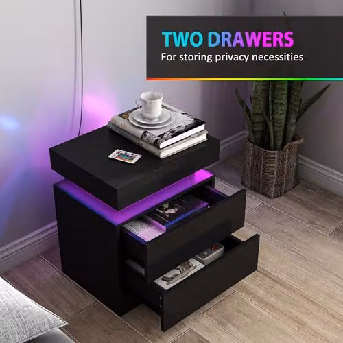 HOMCOM Set of 2 Modern High Gloss Bedside Tables with Integrated LED Lighting, Black, W/D/H: 35 x 45 x 52 cm – 6