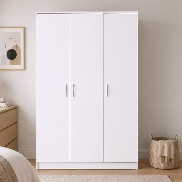KDMD Chelsea White 3 Door Wardrobe with Internal Shelves and Hanging Rod, H 185 x W 120 x D 50 cm