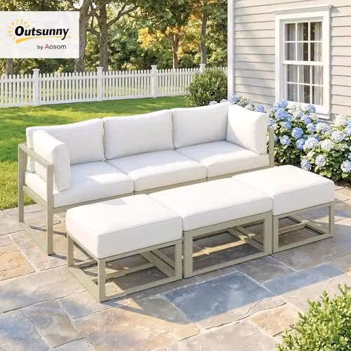 Outsunny 6 Piece L-Shape Garden Daybed Set with Powder Coated Aluminium Frame and Upholstered Cushions in White and Beige – 2