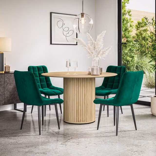 More4Homes Arlo Oak Round Dining Table and 4 Green Nova Velvet Dining Chairs Set – 1