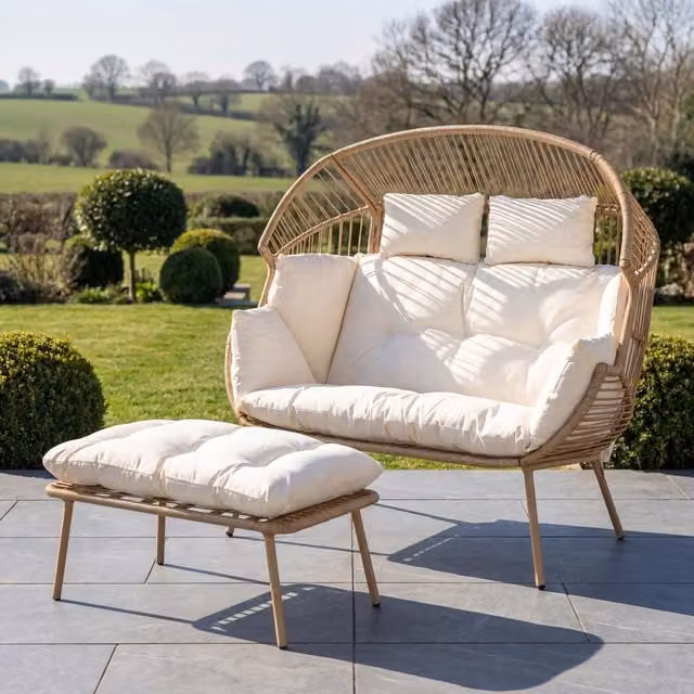 Artemis Home Cocona 2 Seat Standing Egg Chair and Stool with Sun Canopy and Cushions, White