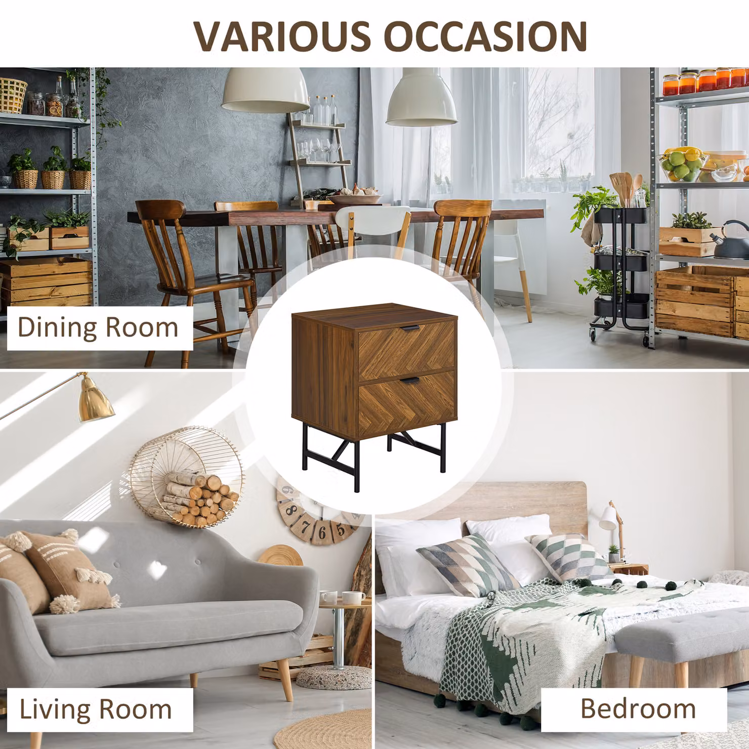 HOMCOM Set of 2 Modern Bedside Tables with 2 Drawers, Herringbone Pattern and Metal Legs, Walnut Brown – 5